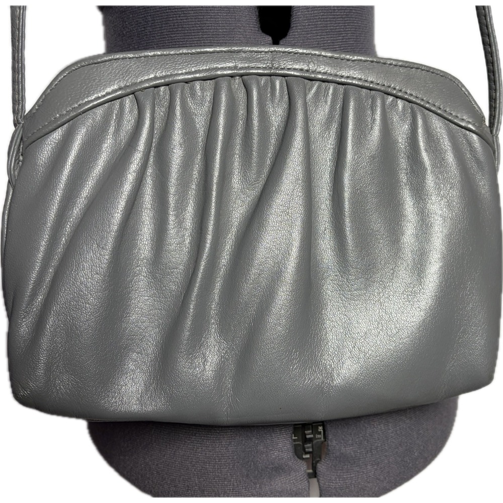 Vtg 80s Gray Crossbody Bag Gold Hand Zipper Pull Gathered Retro Small